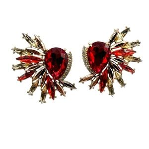 Radiant Red and Gold Fan Rhinestone Crystal Earrings-New!